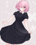  1girl black-framed_eyewear black_dress blush closed_mouth dress fate/grand_order fate_(series) glasses grey_background hair_over_one_eye harukappa highres looking_at_viewer mash_kyrielight medium_hair pink_hair shiny shiny_hair short_dress short_sleeves skirt_hold smile solo standing straight_hair violet_eyes wing_collar 
