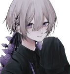  1boy 402_(o0_xxx) absurdres androgynous black_theme braid brown_hair crazy flower gothic highres looking_at_viewer male_focus original pale_skin smile violet_eyes 