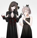  2girls artist_name bangs black_dress black_eyepatch black_gloves blonde_hair breasts brown_hair closed_mouth collarbone cup darkpulsegg dress drinking_glass elbow_gloves eyebrows_visible_through_hair eyepatch feet_out_of_frame girls_frontline gloves hair_ornament hair_ribbon highres holding holding_cup light_purple_eyes long_hair looking_at_viewer m16a1_(blazer_of_the_trail)_(girls&#039;_frontline) m16a1_(girls&#039;_frontline) m200_(girls&#039;_frontline) m200_(war_correspondent)_(girls&#039;_frontline) medium_breasts multicolored_hair multiple_girls official_alternate_costume orange_eyes ribbon scar scar_across_eye short_hair small_breasts smile standing v white_background wine_glass zip_file_(object) 