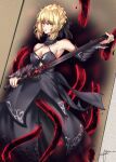  1girl absurdres artoria_pendragon_(all) artoria_pendragon_(fate) bangs black_dress black_ribbon blonde_hair braid closed_mouth commentary_request dark_excalibur dress excalibur_morgan_(fate) fate/grand_order fate/stay_night fate_(series) french_braid from_below gothic_lolita hair_bun highres holding holding_sword holding_weapon juliet_sleeves kyou_(pixiv54133131) lolita_fashion long_sleeves looking_at_viewer puffy_sleeves ribbon saber_alter sidelocks sword weapon yellow_eyes 