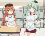  2girls :&lt; arx-160_(girls&#039;_frontline) beret breasts chair classroom collarbone commentary desk eyebrows_visible_through_hair girls_frontline green_eyes green_hair gym_shirt gym_shorts gym_uniform hair_ribbon hat indoors korean_commentary large_breasts locker long_hair looking_at_another micro_uzi_(girls&#039;_frontline) multiple_girls orange_hair ribbon school_chair school_desk shirt short_sleeves shorts sidarim sitting small_breasts standing twintails wavy_mouth yellow_eyes 