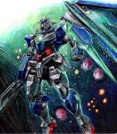  00_qan[t] 07nono06 blade commentary_request flying glowing glowing_eyes green_eyes gundam gundam_00 gundam_00_a_wakening_of_the_trailblazer highres light_particles mecha mobile_suit no_humans science_fiction shield solo sword v-fin weapon 