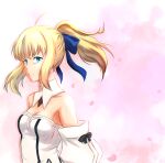  1girl artoria_pendragon_(all) black_bow blonde_hair bow breastplate dress eyebrows_visible_through_hair fate/grand_order fate/unlimited_codes fate_(series) faulds floating_hair gauntlets green_eyes hair_between_eyes hair_bow hands_on_hilt highres jkl long_hair looking_at_viewer outdoors petals ponytail saber_lily signature sleeveless sleeveless_dress solo standing white_dress 