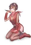  1girl belt black_leotard breasts closed_mouth full_body fundoshi gensou_suikoden gensou_suikoden_i headband highres japanese_clothes kasumi_(suikoden) kunai leotard looking_at_viewer ninja sakai_(motomei) scarf short_hair simple_background smile solo thigh-highs weapon white_background 