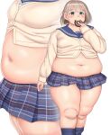  1girl arm_at_side bangs blue_eyes blue_legwear blue_skirt blunt_bangs blush breasts closed_mouth commentary_request commission crop_top doughnut eyebrows_visible_through_hair fat feet_out_of_frame food highres holding holding_food idolmaster idolmaster_shiny_colors kneehighs light_brown_hair long_sleeves medium_hair midriff miniskirt muffin_top multiple_views navel orizen panties pleated_skirt sailor_collar serizawa_asahi simple_background skirt small_breasts straight_hair tareme thick_thighs thighs underwear white_background white_panties 
