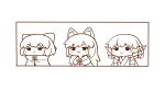  3girls animal_ear_fluff animal_ears bangs bow brooch chibi grass_root_youkai_network hair_bow head_fins high_collar imaizumi_kagerou japanese_clothes jewelry kimono long_hair monochrome multiple_girls poronegi ringlets sekibanki short_hair simple_background smile touhou upper_body wakasagihime white_background wolf_ears 