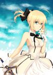  1girl artoria_pendragon_(all) black_bow blonde_hair bow breastplate dress eyebrows_visible_through_hair fate/grand_order fate/unlimited_codes fate_(series) faulds floating_hair gauntlets green_eyes hair_between_eyes hair_bow hands_on_hilt highres kinshi_(kinshiasoubi) long_hair looking_at_viewer outdoors petals ponytail saber_lily signature sleeveless sleeveless_dress solo standing white_dress 