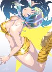  1girl animal_print arched_back bikini blue_eyes breasts from_behind green_hair highres horns index_finger_raised kotoyoshi_yumisuke looking_at_viewer lum medium_breasts oni_horns open_mouth solo strapless strapless_bikini swimsuit symbol-only_commentary tiger_print urusei_yatsura yellow_bikini yellow_footwear 