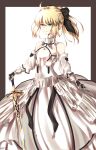  1girl artoria_pendragon_(all) black_bow blonde_hair bow breastplate caliburn dress eyebrows_visible_through_hair fate/grand_order fate/unlimited_codes fate_(series) faulds floating_hair gauntlets green_eyes hair_between_eyes hair_bow hands_on_hilt highres kyou_(pixiv54133131) long_hair looking_at_viewer outdoors petals ponytail saber_lily signature sleeveless sleeveless_dress solo standing sword weapon white_dress 
