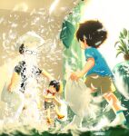  3boys age_difference black_hair child closed_eyes clothes_lift commentary father_and_son holding holding_pillow male_focus midriff_peek multiple_boys navel original phamquo35059479 pillow pillow_fight pillow_grab short_hair short_sleeves shorts 