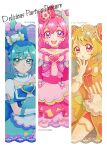  3girls :d absurdres aizen_(syoshiyuki) apron blonde_hair blue_bow blue_eyes blue_hair bow bun_cover character_name chestnut_mouth choker column_lineup copyright_name cure_precious cure_spicy cure_yum-yum delicious_party_precure detached_collar double_bun earrings flower fuwa_kokone gloves hair_flower hair_ornament hanamichi_ran hat hat_bow heart_brooch highres jewelry long_hair looking_at_viewer magical_girl mini_hat multiple_girls nagomi_yui open_mouth pink_bow pink_choker pink_hair precure red_eyes short_hair smile upper_body violet_eyes 