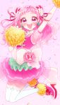  1girl :d arm_up back_bow blush bow clover_earrings confetti crop_top cure_yell double_bun flower full_body hair_cones hair_flower hair_ornament hair_ribbon heart heart_hair_ornament highres hugtto!_precure kuzumochi layered_skirt long_hair looking_at_viewer magical_girl nono_hana open_mouth pink_background pink_eyes pink_footwear pink_hair pink_skirt pom_pom_(cheerleading) precure puffy_sleeves red_ribbon ribbon see-through_sleeves shiny shiny_hair shoes simple_background skirt smile solo thigh-highs white_bow white_legwear zettai_ryouiki 