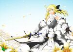  1girl artoria_pendragon_(all) black_bow blonde_hair bow breastplate caliburn dress eyebrows_visible_through_hair fate/grand_order fate/unlimited_codes fate_(series) faulds floating_hair gauntlets green_eyes hair_between_eyes hair_bow hands_on_hilt highres long_hair looking_at_viewer outdoors petals ponytail saber_lily signature sleeveless sleeveless_dress solo standing stealthcat sword weapon white_dress 
