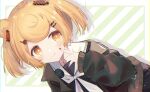  1girl :p animal_ears arknights badge bangs bear_ears blonde_hair candy_hair_ornament eyebrows_visible_through_hair finger_to_mouth food-themed_hair_ornament gummy_(arknights) hair_between_eyes hair_ornament hairclip jacket neckerchief off_shoulder orange_eyes sailor_collar school_uniform serafuku short_hair solo tongue tongue_out toufu_mentaru_zabuton upper_body white_background white_neckerchief white_sailor_collar 