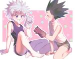 2boys bare_arms bare_legs barefoot child commentary_request ganbare_nullkun gon_freecss green_hair hunter_x_hunter killua_zoldyck looking_at_another male_focus multiple_boys puppet short_shorts shorts tank_top teeth violet_eyes white_hair 