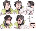  1boy anger_vein apex_legends bangs black_eyes black_hair confused crypto_(apex_legends) drone head_tilt highres jacket looking_at_viewer looking_down m_(mrtarou) male_focus multiple_views open_mouth parted_bangs portrait shouting smile speech_bubble undercut white_background white_jacket 