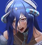  1girl absurdres blue_background blue_hair broken_horn brown_eyes chain collar collarbone cyberlive eyebrows_visible_through_hair fangs feathers fur_trim hair_between_eyes harris_hero headpiece highres horns leotard lips long_hair looking_at_viewer metal_collar open_mouth oumiya_emma portrait simple_background slit_pupils solo sweat virtual_youtuber 