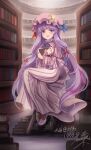  1girl crescent crescent_hair_ornament crescent_hat_ornament crescent_pin dress embodiment_of_scarlet_devil hair_ornament hat hat_ornament highres long_dress long_hair looking_at_viewer mob_cap namiki_(remiter00) patchouli_knowledge purple_hair smile solo striped striped_dress touhou vertical-striped_dress vertical_stripes very_long_hair violet_eyes 