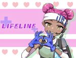  1girl apex_legends arm_tattoo blue_gloves character_name dark-skinned_female dark_skin detached_sleeves double_bun eyeshadow gloves green_tank_top head_tilt headset heart heart_hands highres lifeline_(apex_legends) looking_at_viewer makeup mask mask_around_neck nepitasu pink_eyeshadow pink_hair smile solo tank_top tattoo 