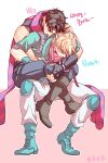  2boys akiae_(hayj14) aqua_boots aqua_jacket battle_tendency black_hair blonde_hair blue_eyes caesar_anthonio_zeppeli facial_mark feather_hair_ornament feathers fingerless_gloves gloves hair_ornament headband hug hug_from_behind jacket jojo_no_kimyou_na_bouken joseph_joestar joseph_joestar_(young) knee_pads korean_text male_focus multiple_boys pink_scarf purple_scarf scarf striped striped_scarf 