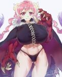  1girl absurdres arm_up black_cape black_panties breasts cape cowboy_shot dragon_claw dragon_girl dragon_horns dragon_tail ethan_wylie highres horns huge_breasts ilulu_(maidragon) kobayashi-san_chi_no_maidragon long_hair low_twintails midriff navel panties pink_hair shadow signature simple_background solo tail twintails underwear very_long_hair violet_eyes white_background 