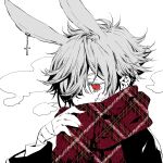  1boy animal_ears bandages bandaid colored_skin covering_mouth cross ear_piercing earrings fuyuhi_nemu highres jewelry looking_down monochrome nail_polish original piercing rabbit_boy rabbit_ears red_eyes scarf scarf_over_mouth silver_hair white_skin 