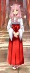  +_+ 1girl alternate_costume bangs breasts commission fire_emblem fire_emblem_fates hime_cut japanese_clothes long_sleeves looking_at_viewer medium_breasts medium_hair miko mitama_(fire_emblem) pink_hair shoochiku_bai shrine skeb_commission stairs 