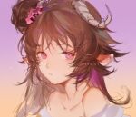  1girl animal_ears arknights bangs bare_shoulders brown_hair collarbone eyebrows_visible_through_hair eyjafjalla_(arknights) eyjafjalla_(summer_flowers)_(arknights) gradient gradient_background gradient_hair hair_bun horns long_hair looking_at_viewer multicolored_hair official_alternate_costume parted_lips pink_eyes pink_hair portrait purple_background sheep_ears sheep_girl sheep_horns side_bun solo yellow_background yingzi 