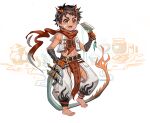  1boy absurdres arknights barefoot brown_hair character_request dark-skinned_male dark_skin gloves hands_on_hips highres holding holding_weapon horns knife looking_at_viewer male_focus midriff_peek multicolored_hair navel short_hair solo teeth weapon whinghope yellow_eyes 