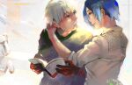  1boy 1girl arms_around_neck bangs black_shirt blue_eyes blue_hair book colored_skin commentary_request couple cup eye_contact gradient gradient_background grey_background grey_hair grey_shirt highres holding holding_book kaneki_ken kirishima_touka kyuuba_melo long_sleeves looking_at_another mug open_book parted_lips red_skin shiny shiny_clothes shirt short_hair smile teeth tokyo_ghoul tokyo_ghoul:re 