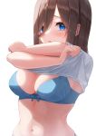  1girl absurdres bangs blue_bra blue_eyes blush bra breasts brown_hair eyebrows_visible_through_hair go-toubun_no_hanayome hair_between_eyes highres hiyoku large_breasts long_hair looking_at_viewer midriff nakano_miku navel open_mouth shirt solo underwear undressing white_shirt 