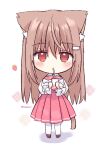  1girl animal_ear_fluff animal_ears bangs bendy_straw blush bow brown_footwear brown_hair cat_ears cat_girl cat_tail chibi commentary_request drinking drinking_straw eyebrows_visible_through_hair food fruit full_body hair_between_eyes hair_ornament hairclip holding long_hair long_sleeves nakkar original pantyhose pink_bow pink_skirt plaid plaid_bow pleated_skirt red_eyes shirt shoes skirt solo standing strawberry tail very_long_hair white_background white_legwear white_shirt 