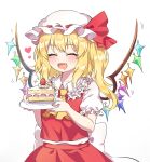  1girl :d ^_^ absurdres ascot bangs blonde_hair blush bow cake cake_slice caramell0501 closed_eyes collared_shirt crystal drooling eighth_note eyebrows_visible_through_hair fang flandre_scarlet food frilled_shirt_collar frills fruit hat hat_bow highres holding holding_plate long_hair mob_cap mouth_drool musical_note one_side_up open_mouth plate puffy_short_sleeves puffy_sleeves red_bow red_skirt red_vest redrawn shirt short_sleeves simple_background skirt smile solo strawberry touhou vest white_background white_headwear white_shirt wings yellow_ascot 