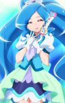  1girl absurdres ascot blue_background blue_choker blue_hair blue_skirt blue_vest brooch choker closed_eyes cowboy_shot cure_fontaine gradient gradient_background hairband healin&#039;_good_precure healing_animal healing_wand highres jewelry long_hair magical_girl oimanji open_mouth pegitan_(precure) precure puffy_short_sleeves puffy_sleeves sawaizumi_chiyu short_sleeves skirt vest 