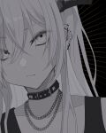  1girl chain choker colored_skin ear_piercing earrings expressionless grey_hair greyscale highres jewelry long_hair looking_to_the_side midou_0r monochrome original piercing very_long_hair white_eyes white_hair white_skin 