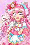  1girl :d blush choker commentary_request cure_precious delicious_party_precure earrings eyelashes hair_ornament hair_ribbon happy highres jewelry kome-kome_(precure) long_hair magical_girl mitsusaka_megumi nagomi_yui pink_choker pink_hair pink_theme precure ribbon simple_background sketch smile solo violet_eyes 