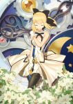  1girl artoria_pendragon_(all) black_bow blonde_hair bow breastplate caliburn dress eyebrows_visible_through_hair fate/grand_order fate/unlimited_codes fate_(series) faulds floating_hair gauntlets green_eyes hair_between_eyes hair_bow highres kowareta_ningyou long_hair looking_at_viewer outdoors petals ponytail saber_lily signature sleeveless sleeveless_dress solo standing sword weapon white_dress 