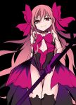  1girl bangs bare_shoulders black_background black_legwear black_leotard bow brown_hair closed_mouth collarbone dead_apostle_noel_(tsukihime) eyebrows_visible_through_hair gloves hair_between_eyes highres holding l-trap leotard long_hair looking_at_viewer mole mole_under_mouth pink_bow purple_gloves red_eyes simple_background smile solo thigh-highs tsukihime tsukihime_(remake) very_long_hair 