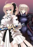  2girls absurdres ahoge artoria_pendragon_(all) bare_shoulders black_ribbon blonde_hair braid caliburn cowboy_shot dark_excalibur detached_collar detached_sleeves excalibur_morgan_(fate) fate/grand_order fate/stay_night fate/unlimited_codes fate_(series) french_braid gloves green_eyes hair_ribbon highres juliet_sleeves long_sleeves looking_at_viewer multicolored_hair multiple_girls nayamer ponytail puffy_sleeves ribbon saber_alter saber_lily white_gloves wide_sleeves yellow_eyes yuki_p 