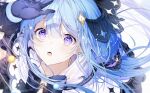  1girl absurdres arm_up bangs blue_dress blue_gloves blue_hair blush bow bowtie dress english_commentary eyebrows_visible_through_hair from_above gloves hair_ornament highres long_hair looking_at_viewer noyu_(noyu23386566) open_mouth original sidelocks solo violet_eyes 