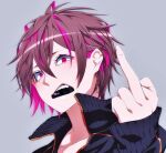  1boy black_jacket brown_hair ear_piercing hz_(murder_license_) jacket looking_at_viewer magenta_eyes male_focus middle_finger multicolored_hair open_mouth original piercing pink_hair short_hair streaked_hair two-tone_hair upper_body 