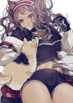  1girl :3 angelina_(arknights) animal_ear_fluff animal_ears arknights black_gloves black_shirt black_shorts breasts brown_eyes brown_hair cat cat_teaser closed_mouth collar fox_ears gloves hairband headgear highres infection_monitor_(arknights) jacket long_hair lying medium_breasts midriff navel on_back open_clothes open_jacket petting playing shirt short_shorts shorts simple_background smile solo twintails two-tone_hairband white_background white_jacket yuuki_nato 
