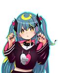  1girl :o bangs black_hoodie black_nails blue_hair breasts chinese_commentary claw_pose demon_girl demon_horns fang_zi_zi_zimao head_tilt highres hood hoodie horns karon_(vtuber) karon_official long_hair looking_at_viewer medium_breasts nijisanji open_mouth pointy_ears solo two_side_up upper_body virtual_youtuber virtuareal white_background yellow_eyes 