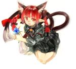  1girl animal_ears blue_flower braid cat_ears flower flower_request full_body holding holding_flower kaenbyou_rin konabetate looking_at_viewer nekomata red_eyes redhead simple_background solo touhou twin_braids twintails white_background 