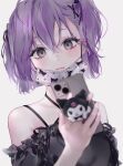  1girl bbony_0_0 black_eyes bow hair_ornament hairclip highres jewelry kuromi mask mole mole_under_eye mouth_mask necklace onegai_my_melody original pale_skin phone purple_hair selfie sleeveless star_(symbol) twintails 