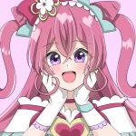  1girl :d blush choker commentary_request cure_precious delicious_party_precure earrings eyelashes hair_ornament hair_ribbon happy highres jewelry kokkoro_tan long_hair magical_girl nagomi_yui pink_choker pink_hair pink_theme precure purple_eyes ribbon simple_background sketch smile solo 