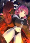  1girl absurdres breasts cape claws cowboy_shot dragon_claw dragon_girl dragon_horns eyebrows_visible_through_hair fire hand_up highres horns ilulu_(maidragon) kobayashi-san_chi_no_maidragon large_breasts looking_at_viewer navel parted_lips pink_eyes pink_hair pointy_ears sharp_teeth slit_pupils smile solo sparks teeth yoruillust 