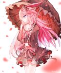  1girl animal_ears artist_name bangs choker closed_mouth dress dust9 fox_ears frilled_dress frills highres holding holding_umbrella honkai_(series) honkai_impact_3rd long_hair long_sleeves looking_at_another looking_at_viewer petals pink_hair red_choker red_dress simple_background solo umbrella white_background yae_sakura 