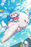  :d absurdres blue_eyes blurry bubble clouds commentary_request day flying highres no_humans nullma open_mouth outdoors piplup pokemon pokemon_(creature) riding riding_pokemon sky smile togekiss tongue 