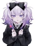  1girl 402_(o0_xxx) absurdres black_theme bow candy colored_tips dress food gothic highres lollipop long_sleeves multicolored_hair original pale_skin purple_hair ribbon twintails violet_eyes white_hair 